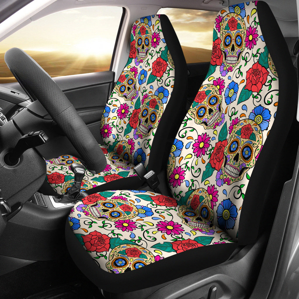 Set of 2 sugar skull car seat covers