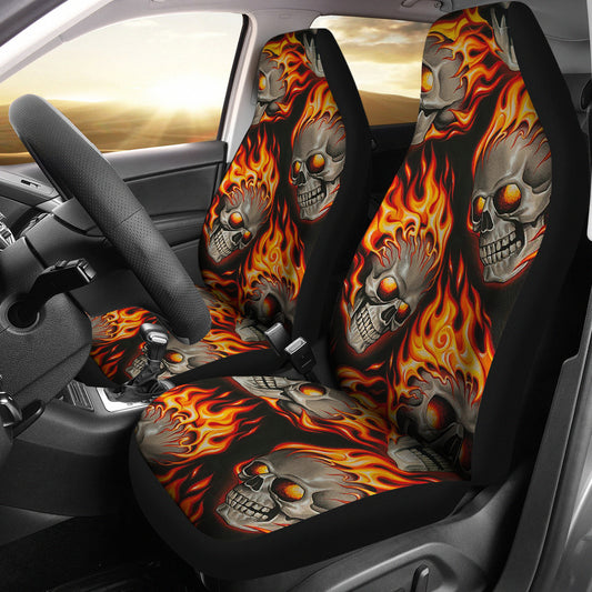 Set of 2 pcs flaming fire skulls car seat covers