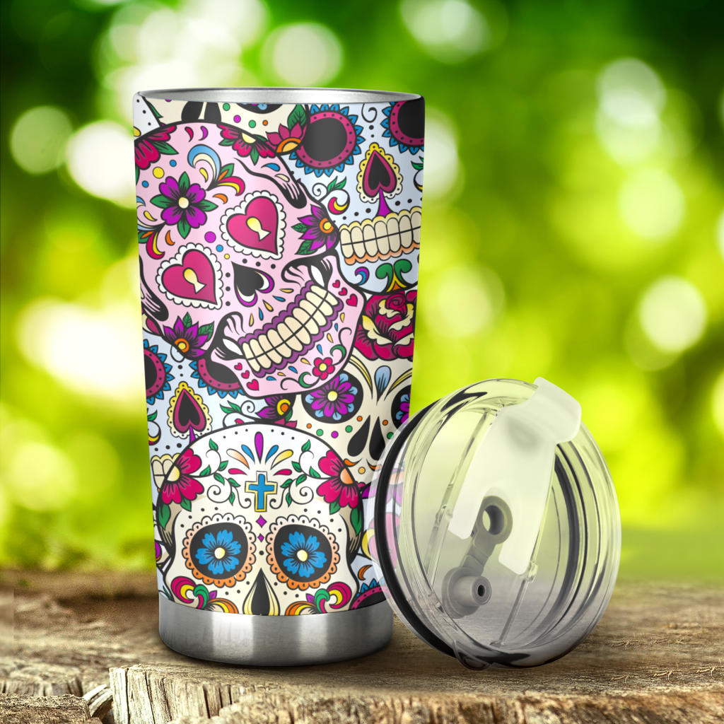 Sugar skull floral tumbler mug cup