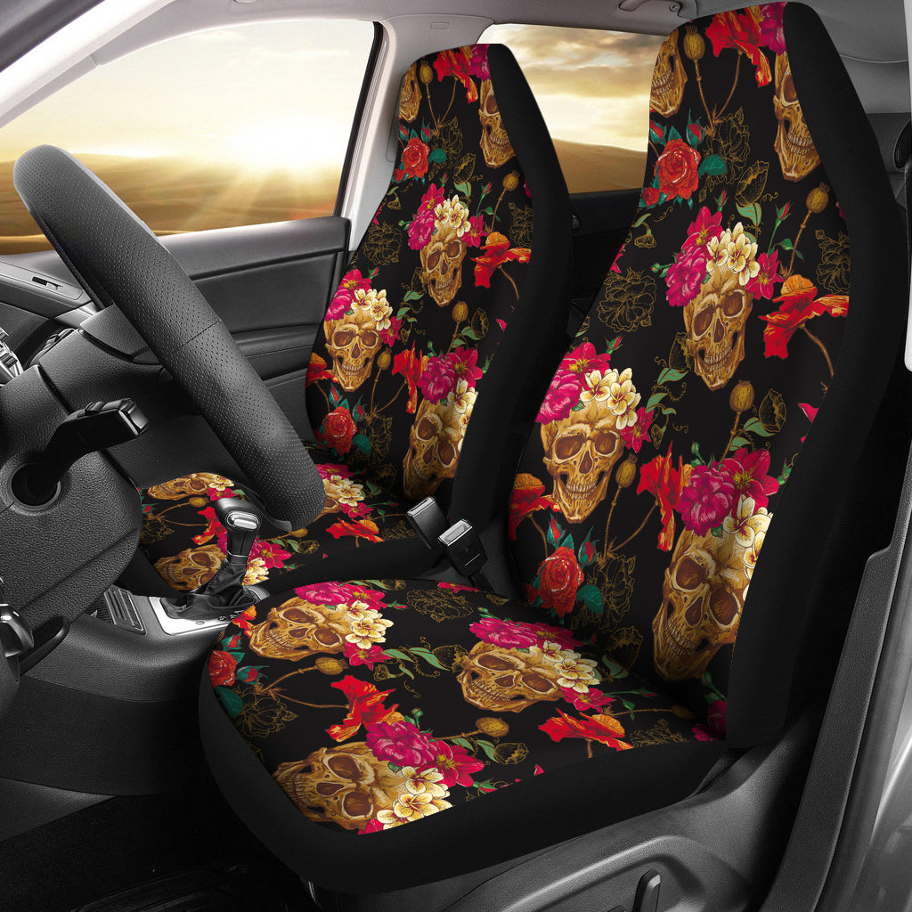 Set 2 pcs Floral sugar skull day of the dead skull car seat covers