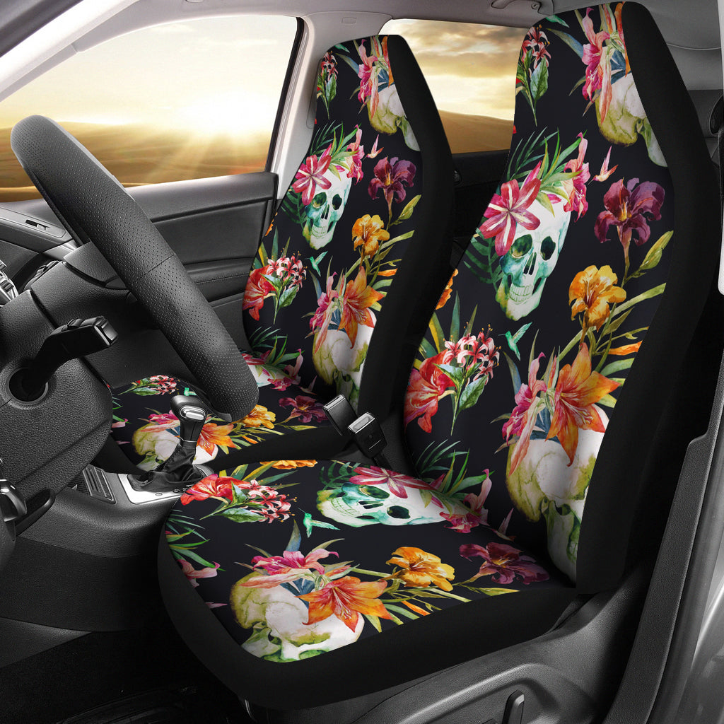 Set of 2 pcs - Skull Floral Fire Halloween skull car seat covers