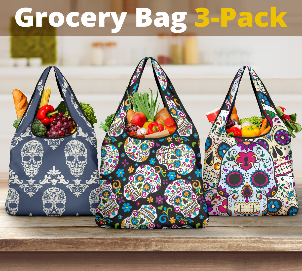 Set of 3 pcs Sugar skull grocery bags