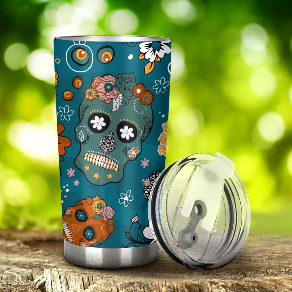 Sugar skull floral tumbler mug cup