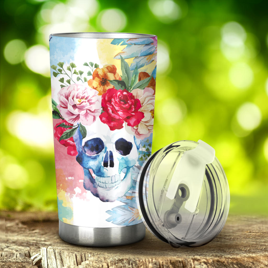 Flower skull tumbler cup mug, grim reaper tumbler cup mug, horror freezer Mug, halloween tumblr, skull freezer Mug, skull in fire coffee mug