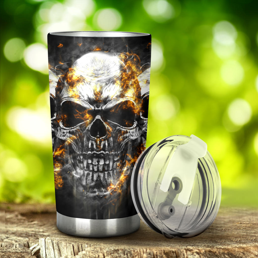 Flaming fire gothic skull tumbler cup mug
