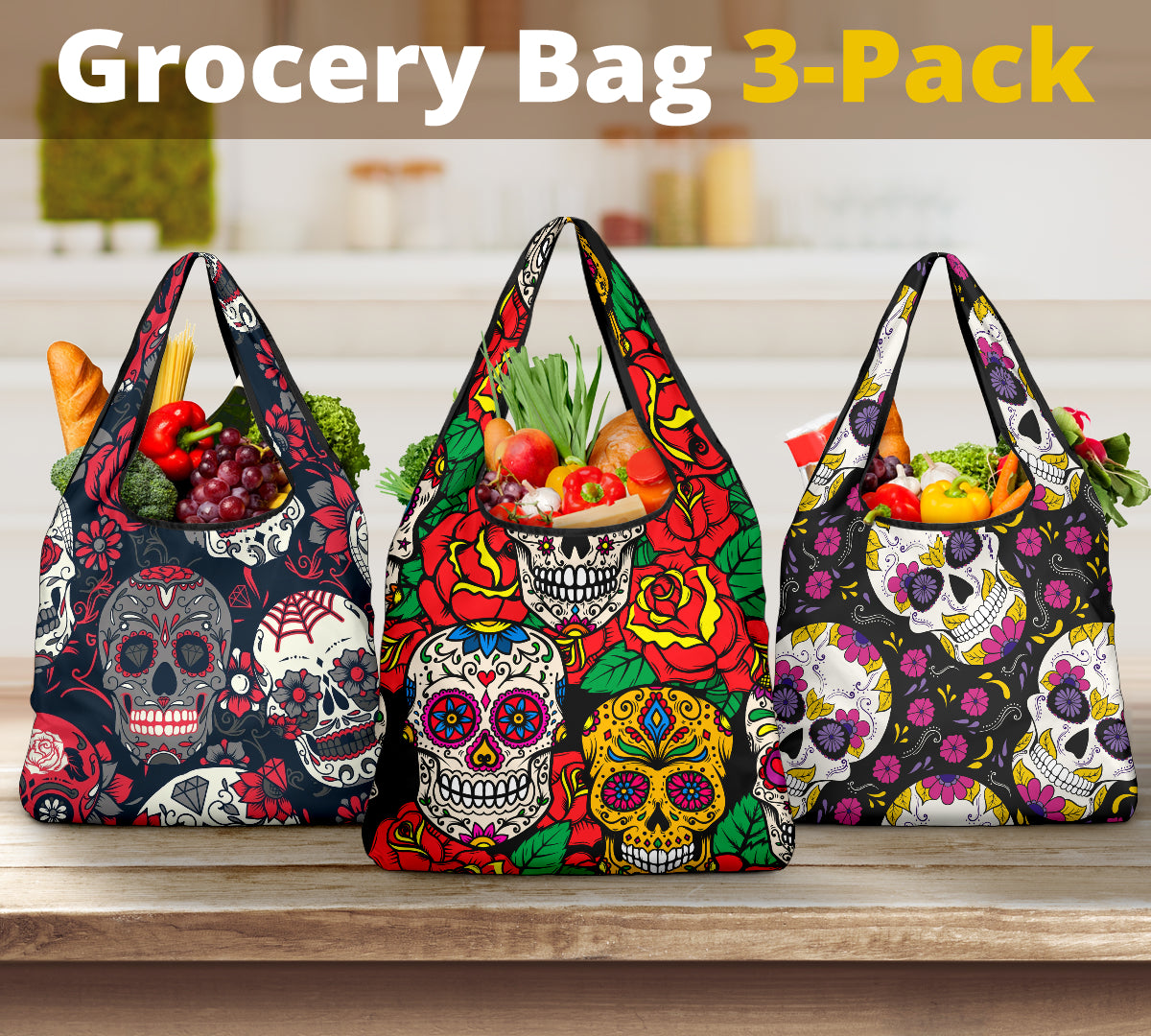 Set of 3 pcs Sugar skull grocery bags