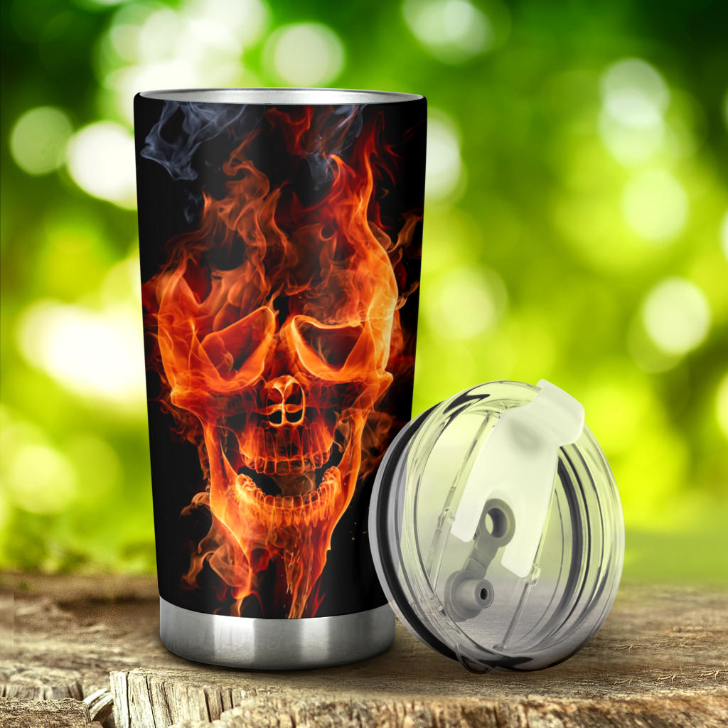 Flaming skull tumbler cup