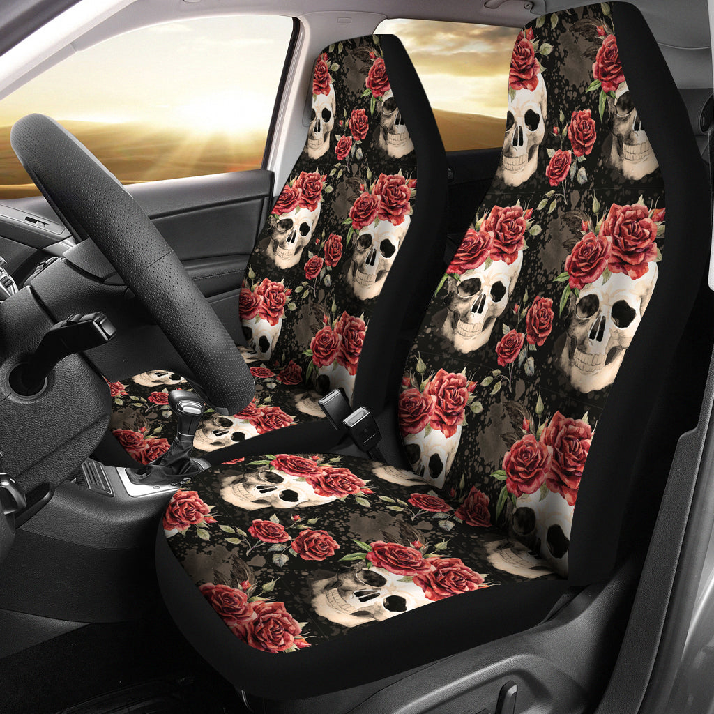 Set 2 pcs Floral sugar skull day of the dead skull car seat covers