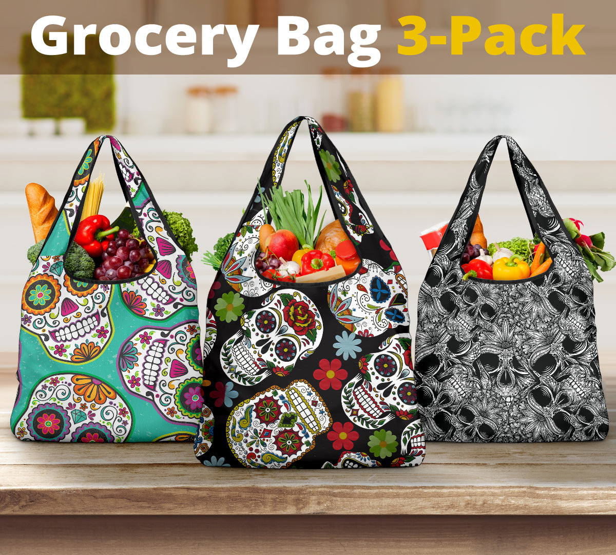 Set of 3 pcs Sugar skull grocery bags