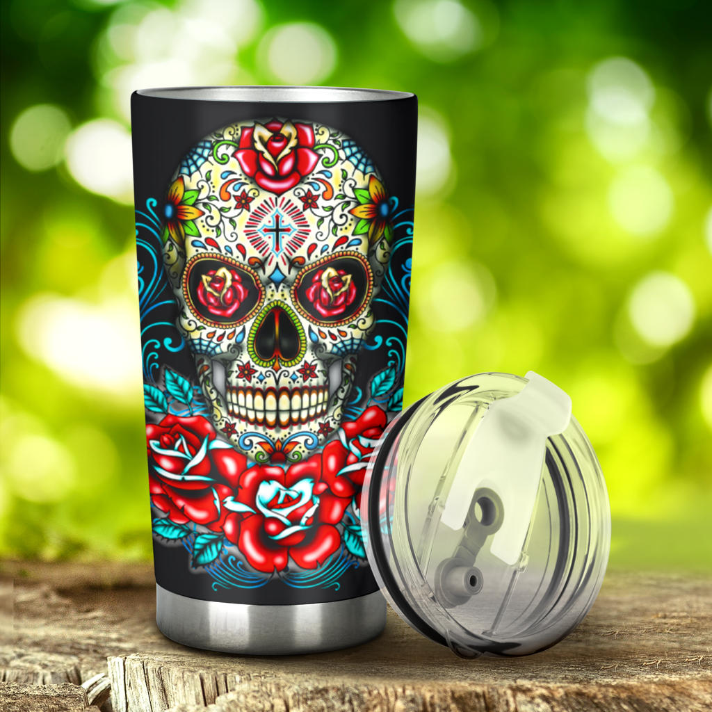 Sugar skull floral tumbler mug cup