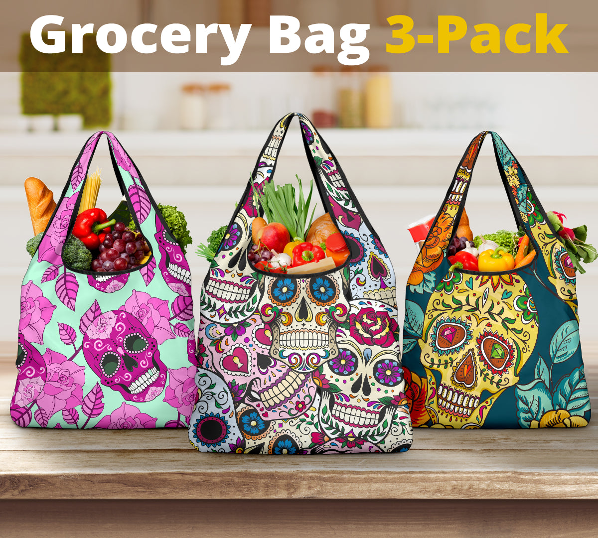 Set of 3pcs Sugar skull grocery bag