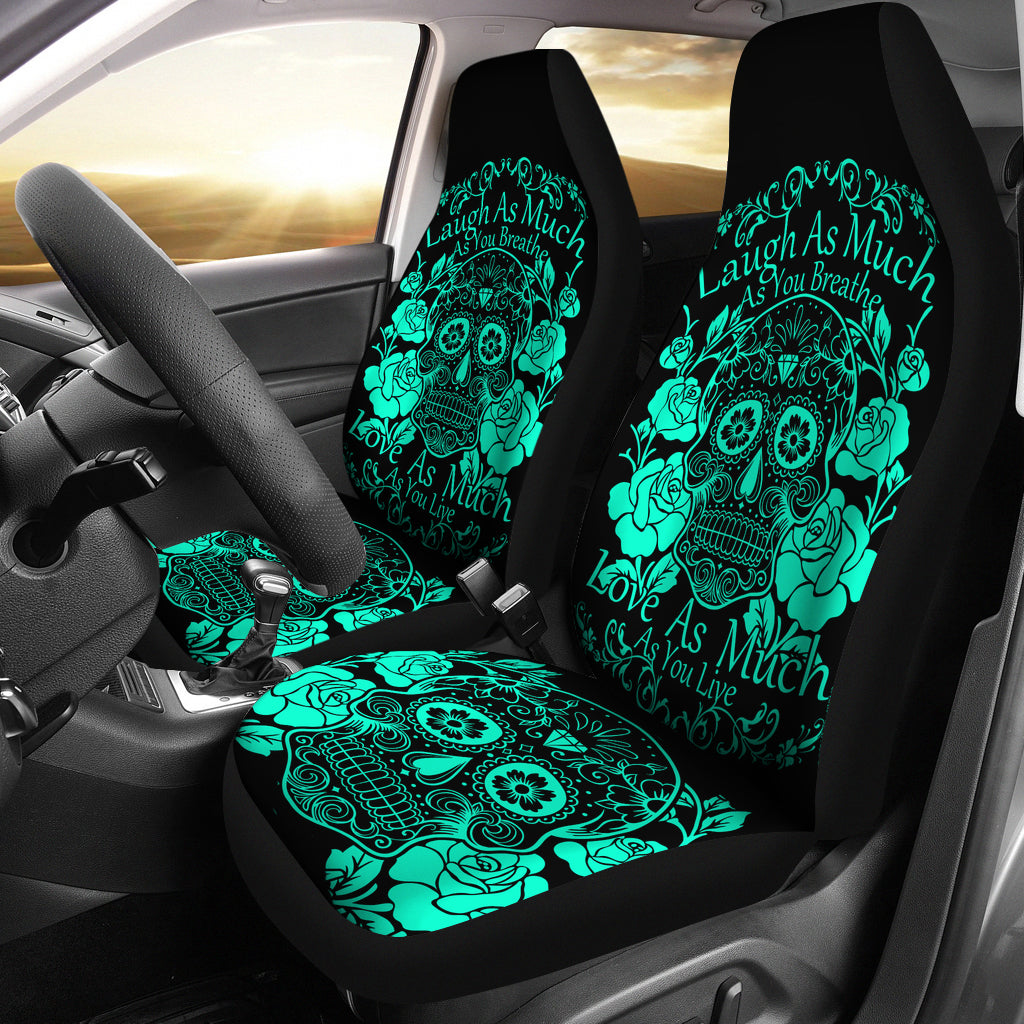 Set of 2 Sugar skull seat covers - Laugh As Much As You Breath