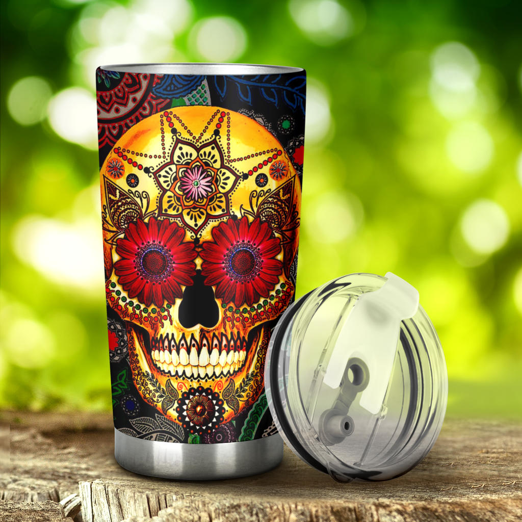 Sugar skull floral tumbler mug cup