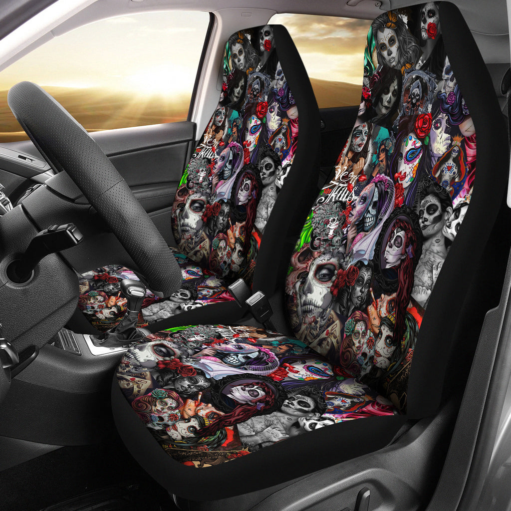 Set 2 sugar skull car seat covers