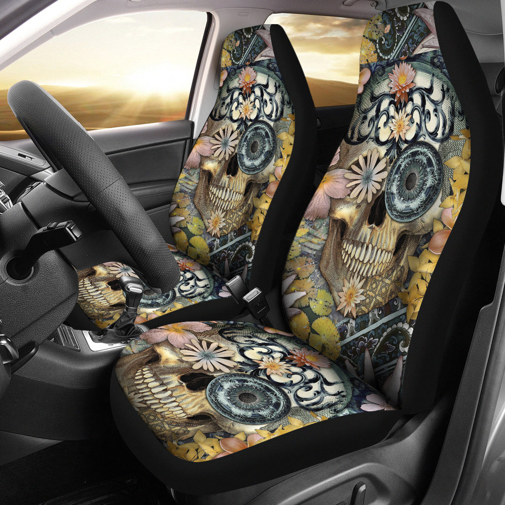 Set of 2 floral sugar skull seat covers