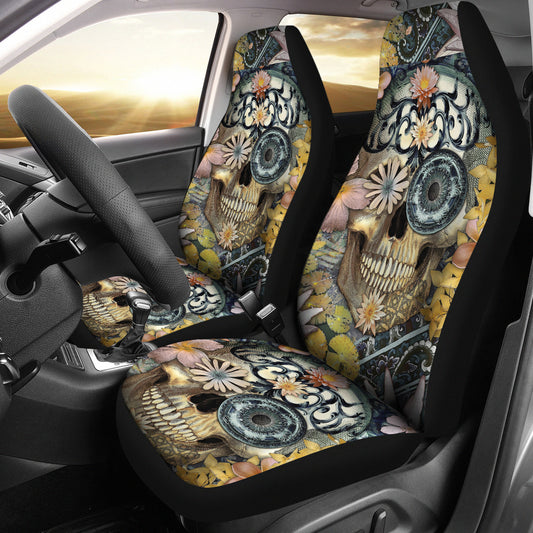 Set of 2 floral sugar skull seat covers