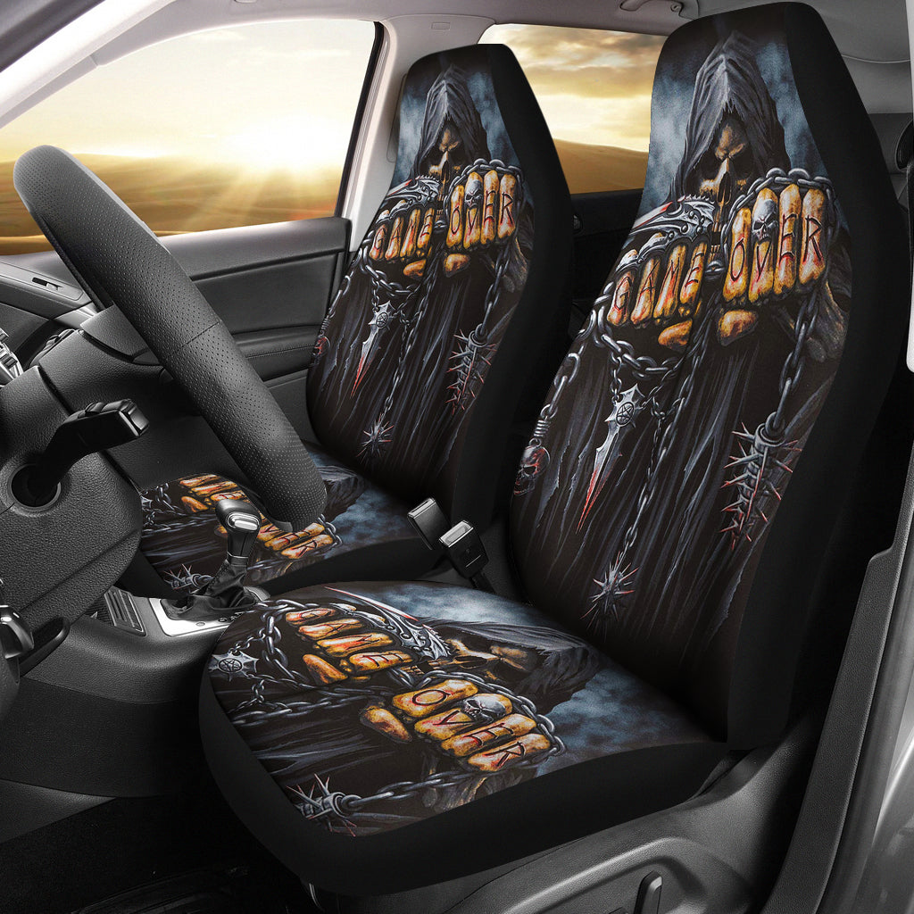 Set of 2 - Game over skull grim reaper car seat covers