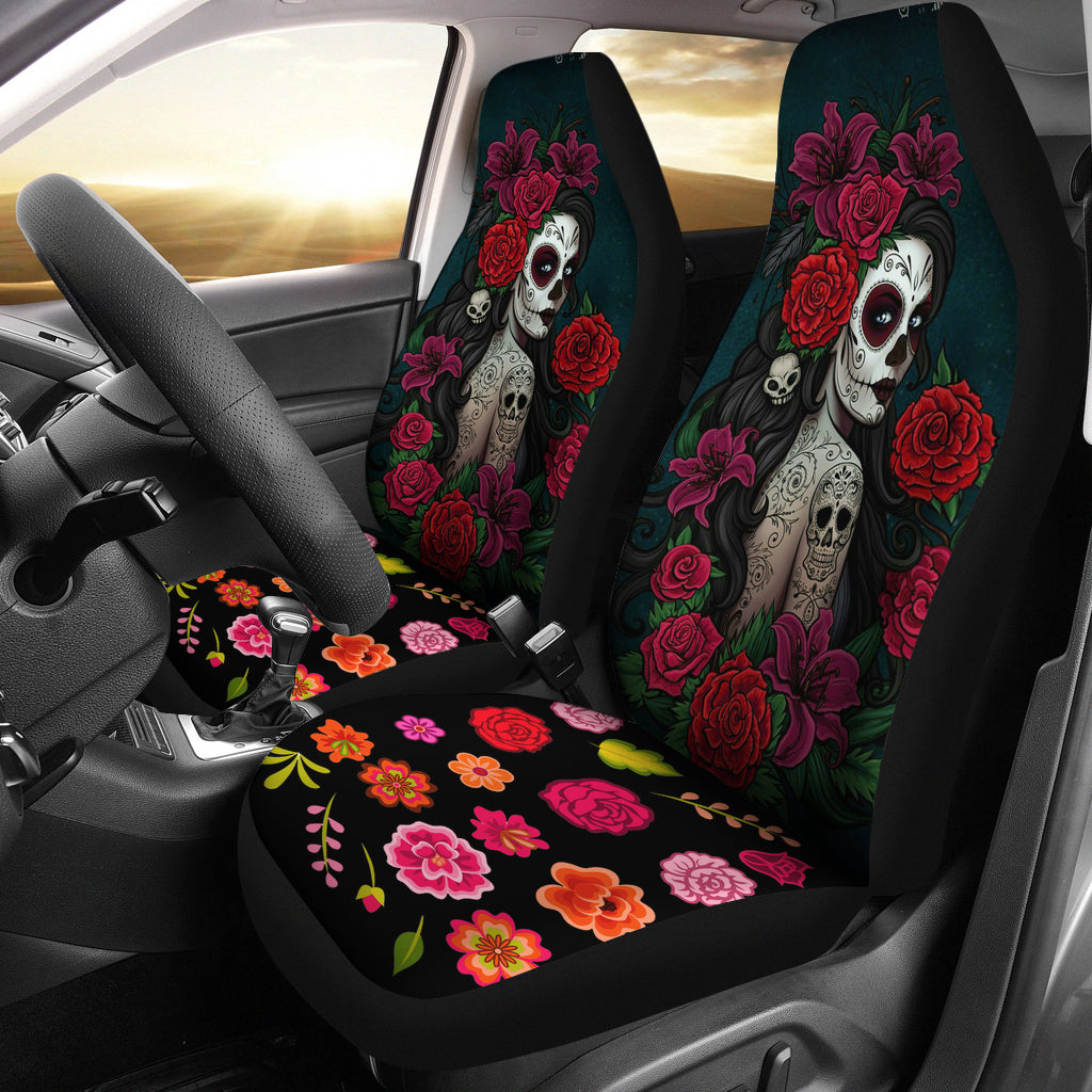 Set of 2-Sugar Skull Girl - Day of the dead car seat covers
