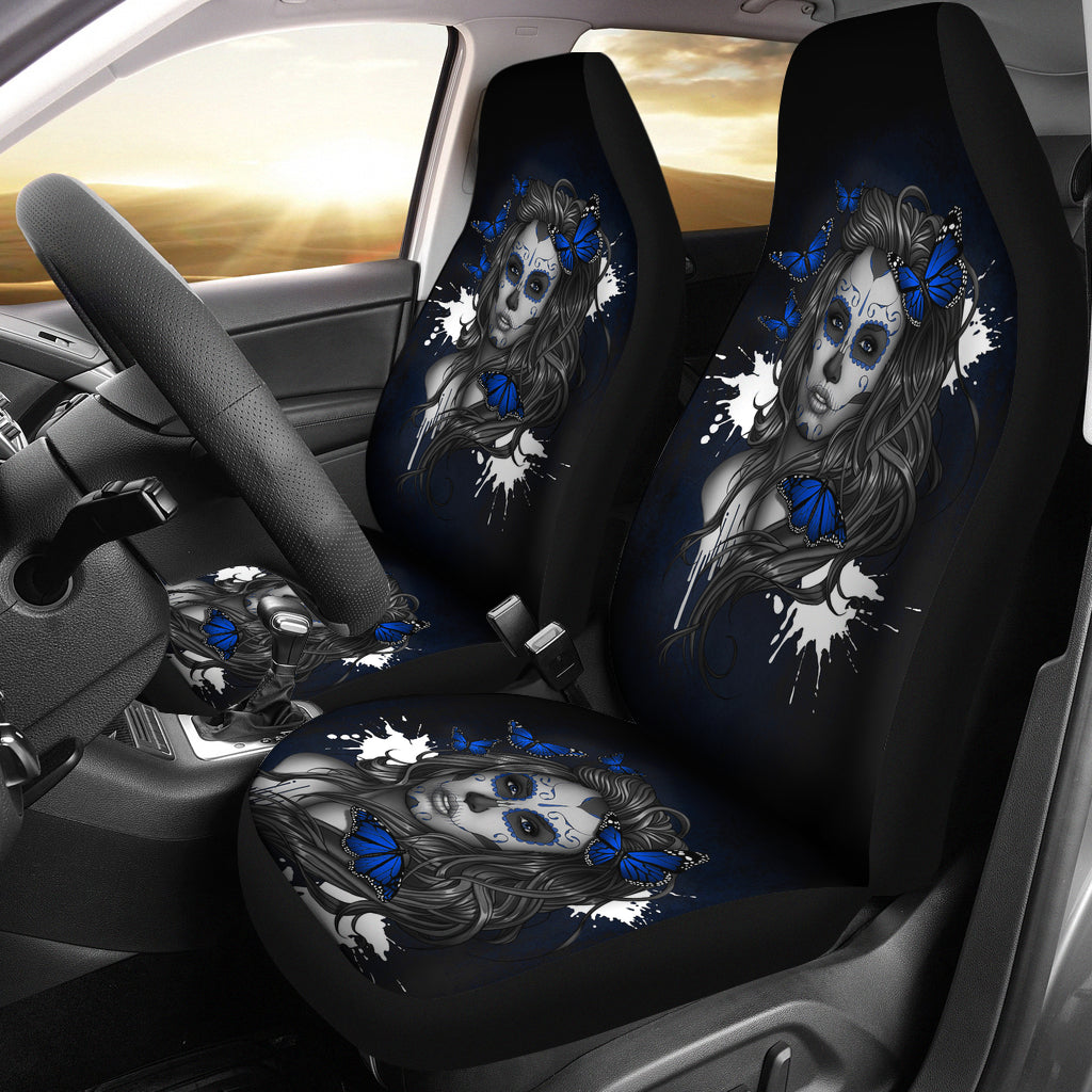 Set 2 seat cover sugar skulls beautiful girl car seat cover