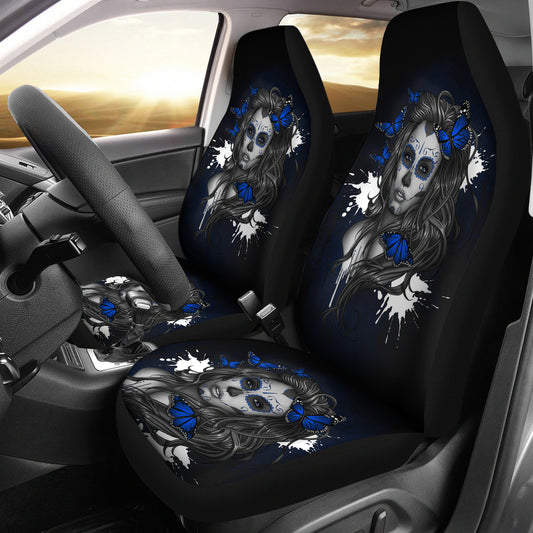 Set 2 seat cover sugar skulls beautiful girl car seat cover