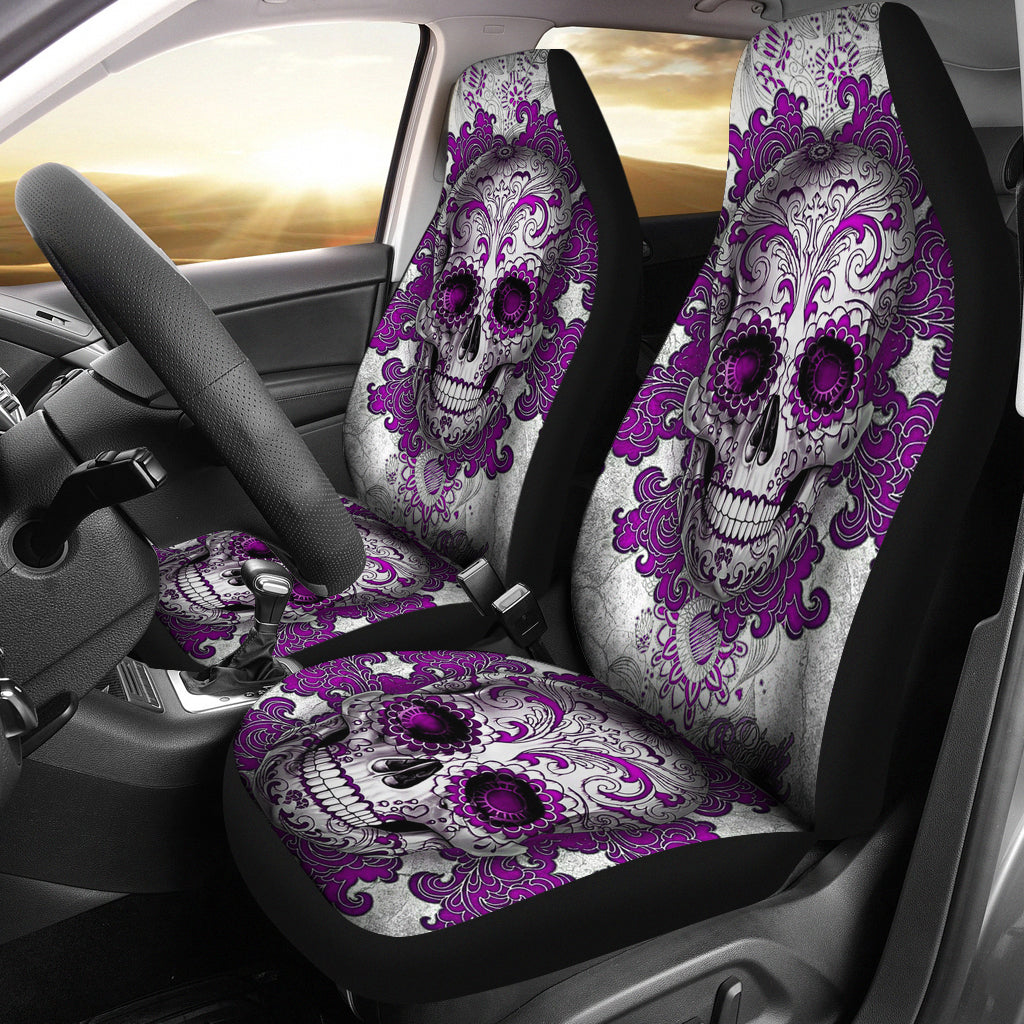 Set of 2 sugar skull day of the dead car seat covers