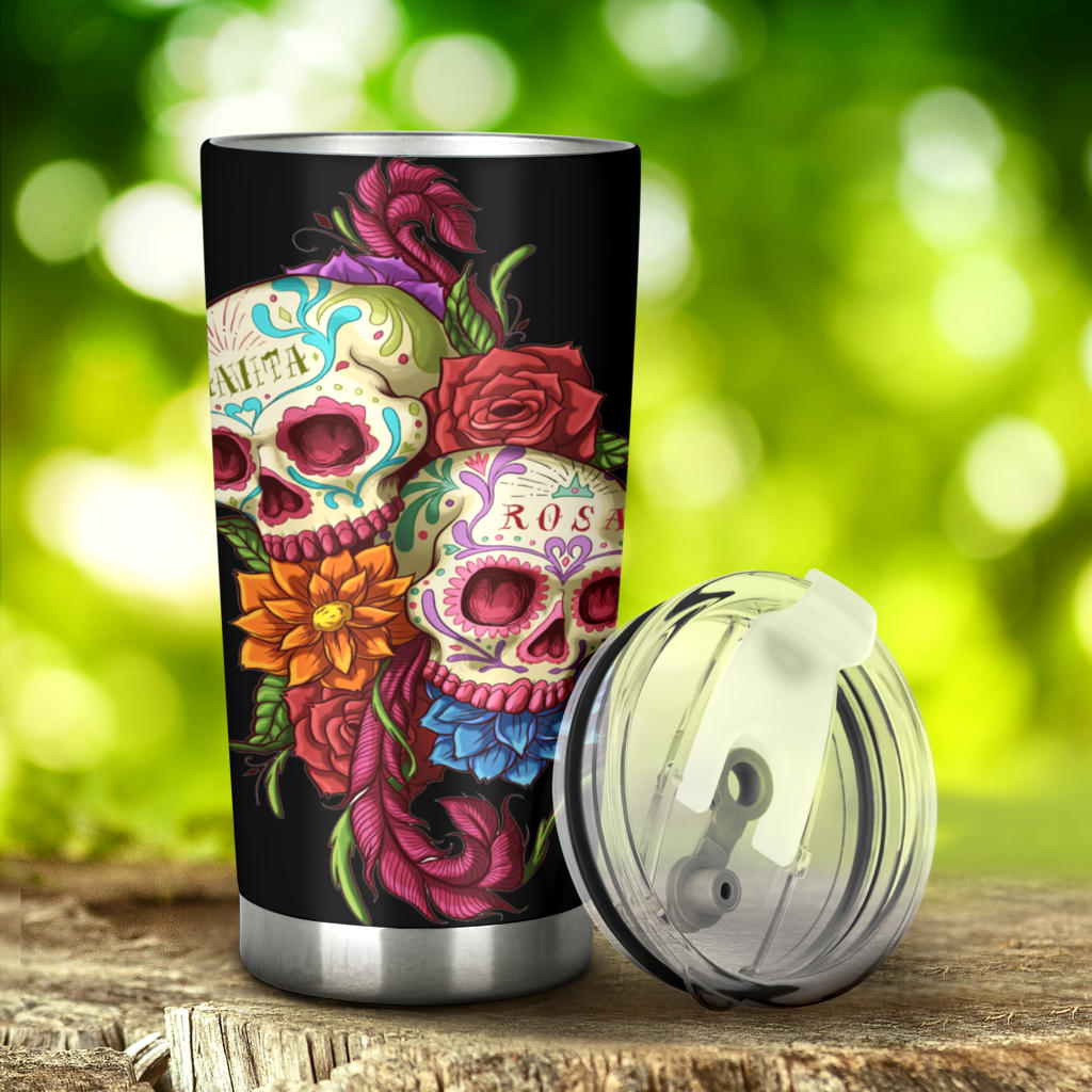 Floral rose sugar skull tumbler cup