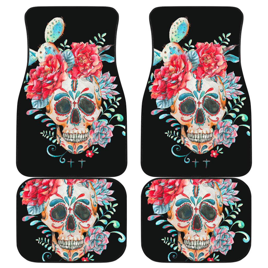 Set of 4 pcs floral sugar skull car mats