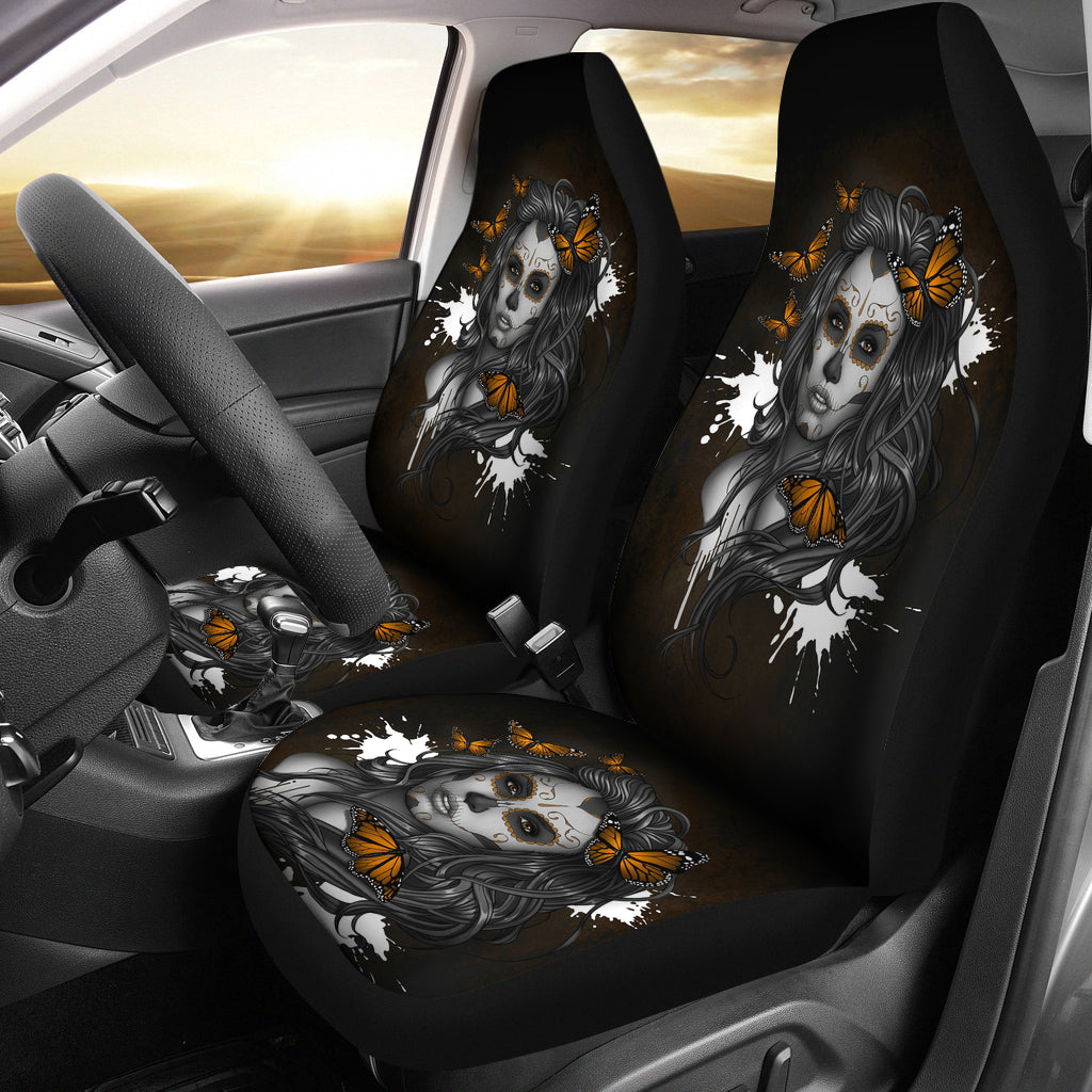 Set of 2 - Beauty girl sugar skull seat cover