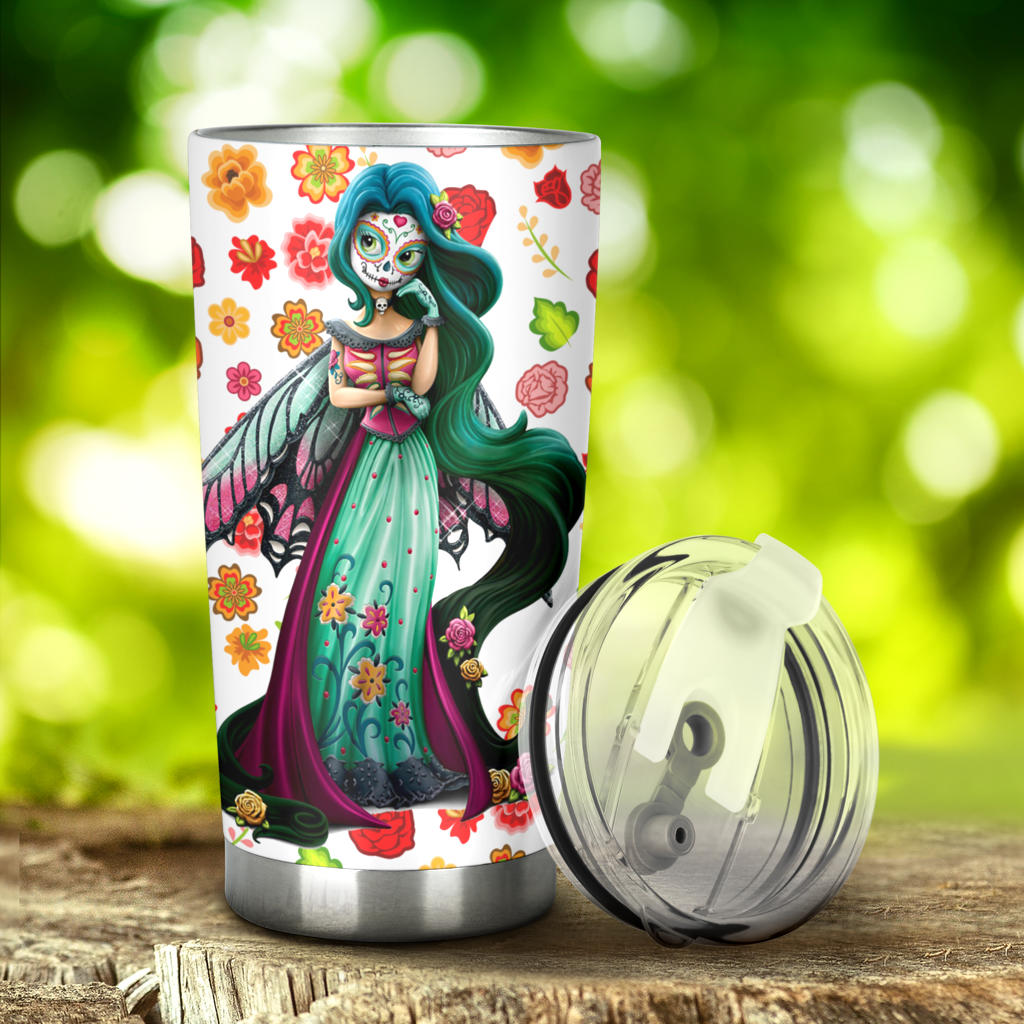 Sugar skull floral tumbler mug cup