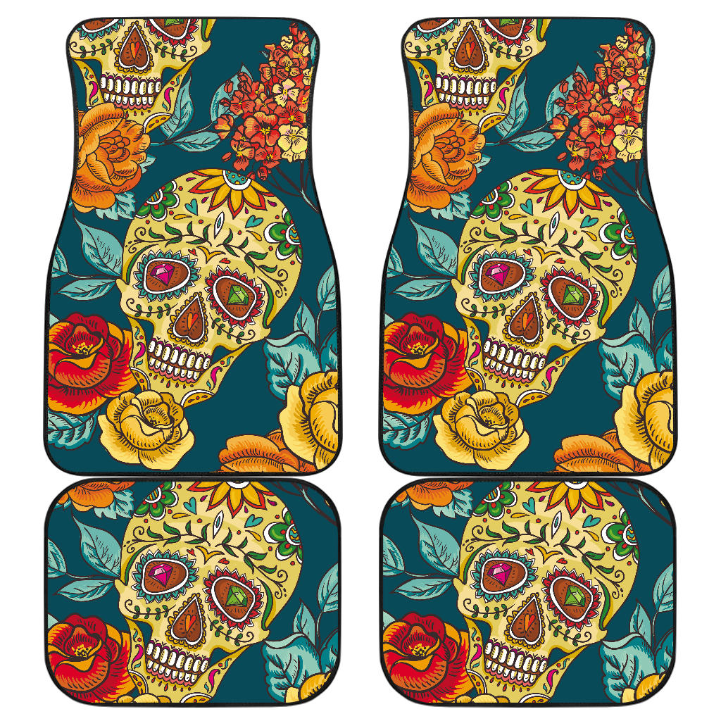 Set 4 pcs - day of the dead sugar skulls car mats