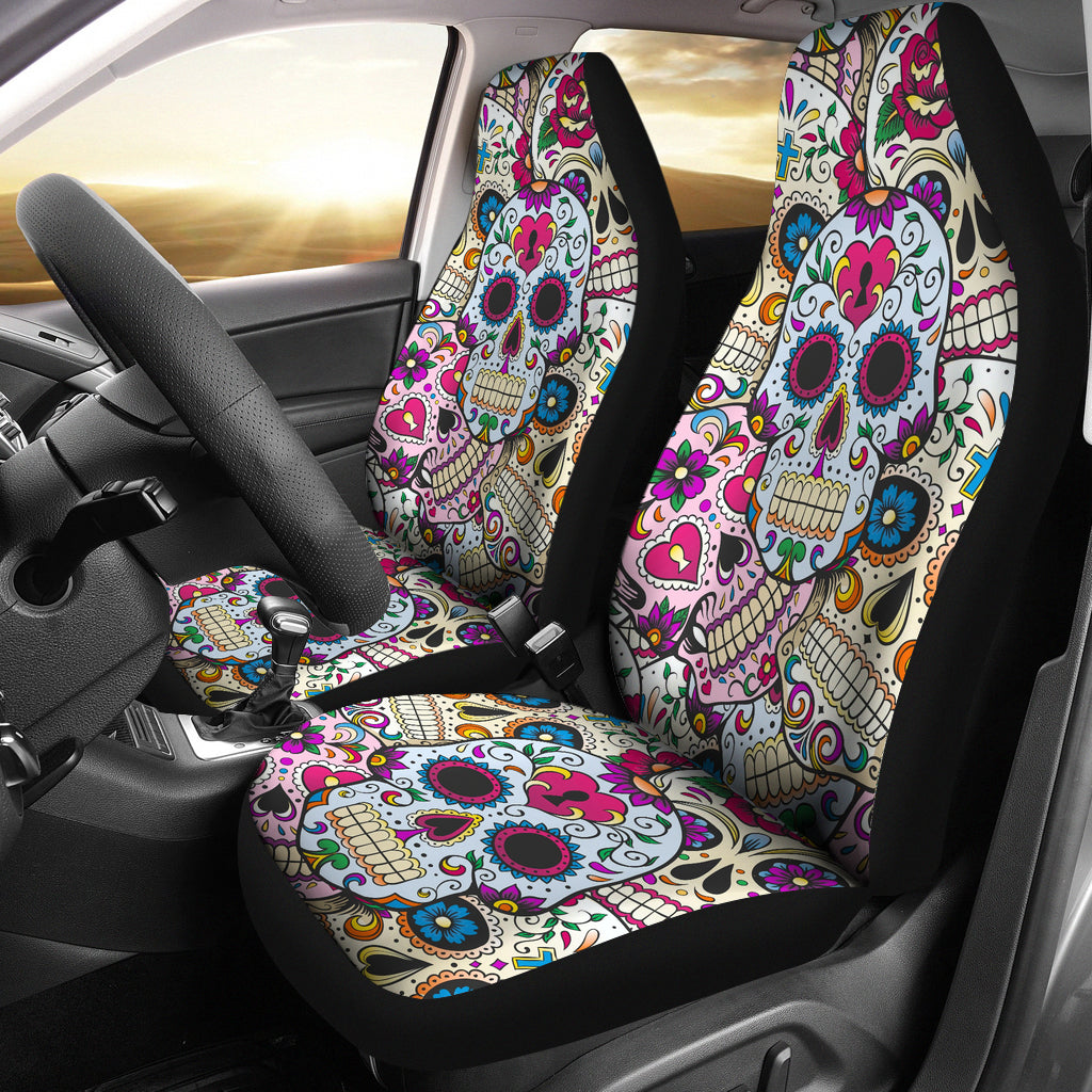 Set of 2 Sugar skulls - Day of the dead car seat covers