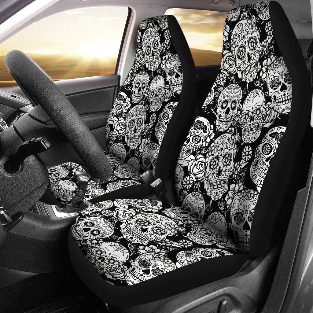 Set 2 pcs Floral sugar skull day of the dead skull car seat covers