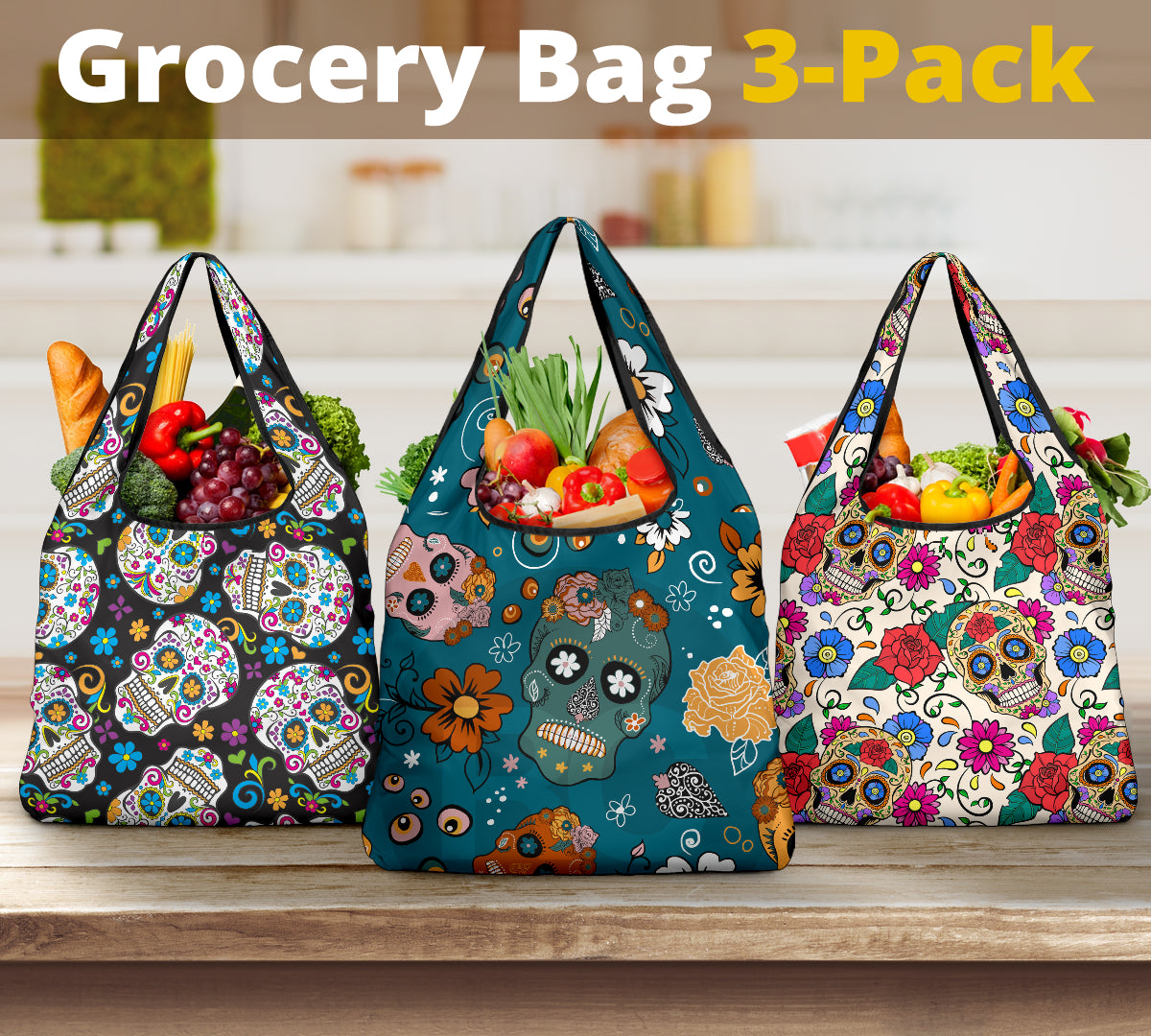 Set of 3 pcs sugar skull grocery bags