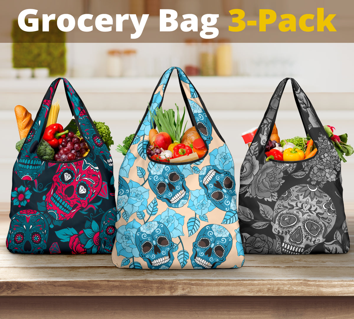 Set of 3 pcs Sugar skull grocery bags