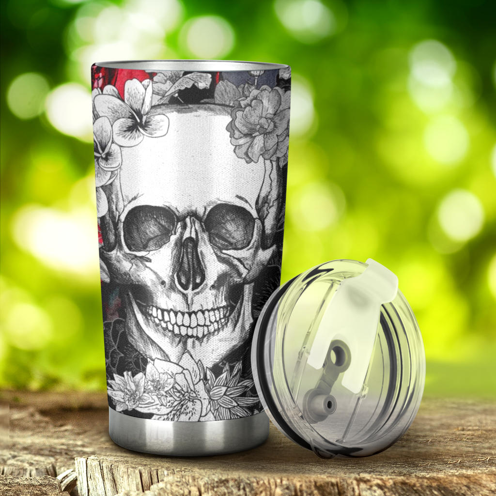 Floral skull tumbler mug cup