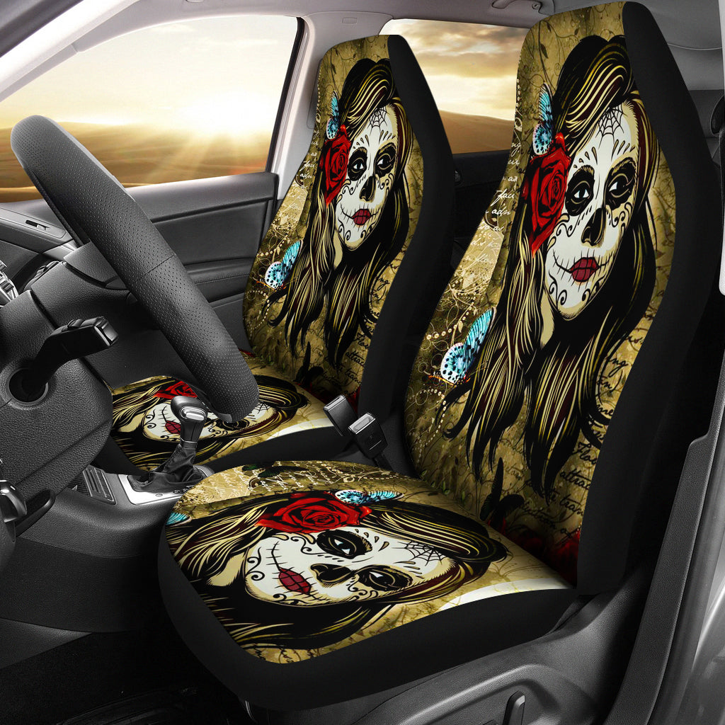 Set 2 pcs Sugar skull girl skull car seat covers