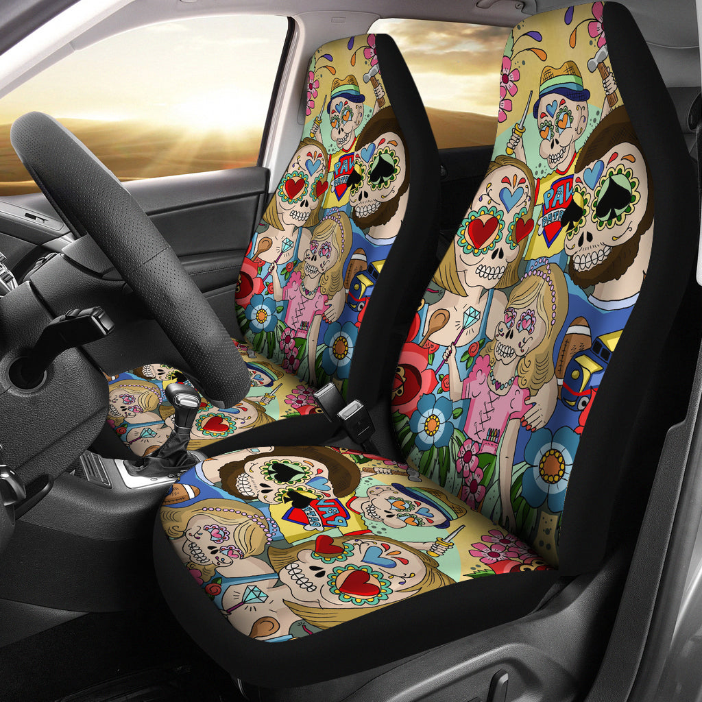 Set of 2 pcs sugar skull car seat covers
