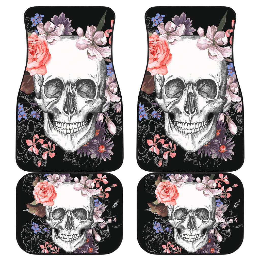 Set of 4 pcs floral rose skull car mats