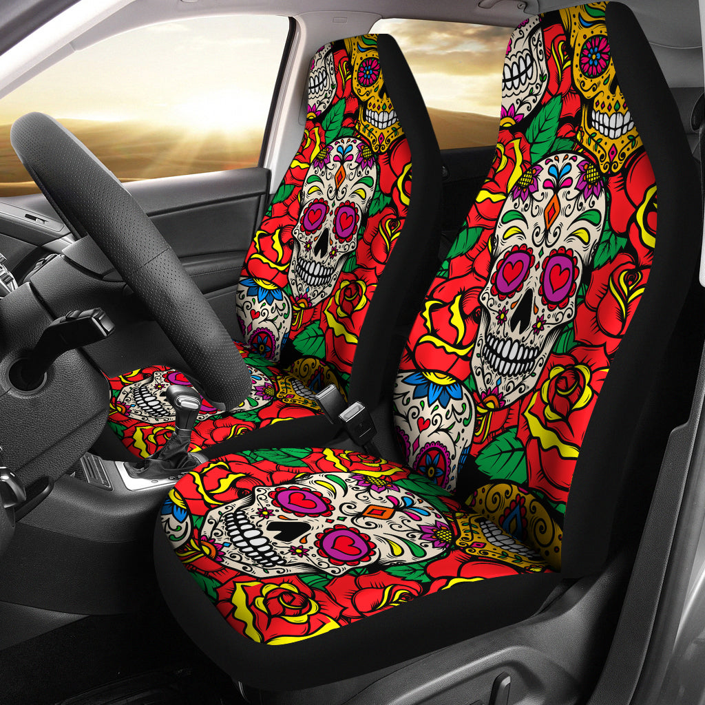 Set 2 pcs Floral sugar skull day of the dead skull car seat covers