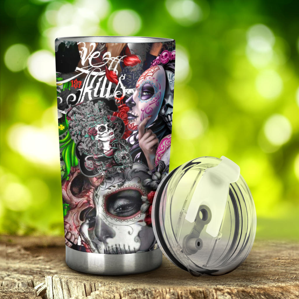 Sugar skull floral tumbler mug cup