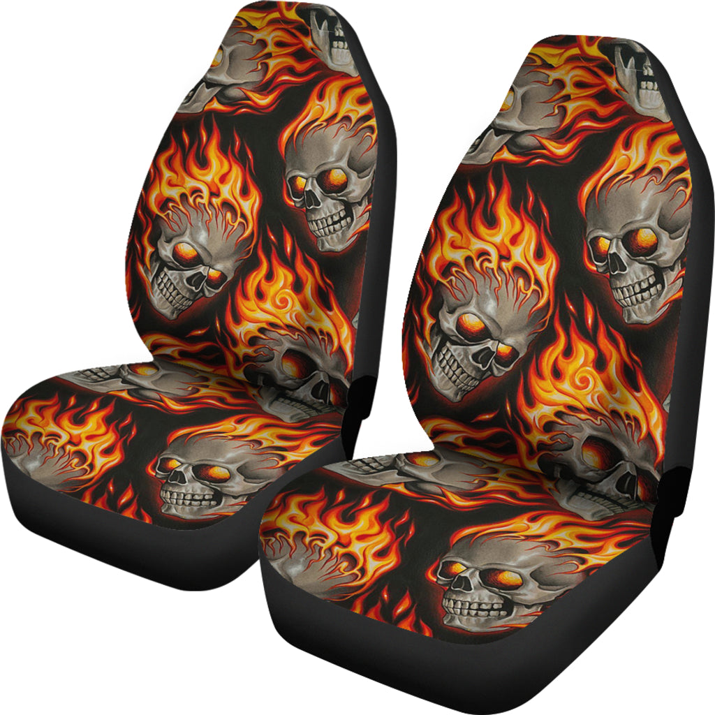 Set of 2 pcs flaming fire skulls car seat covers