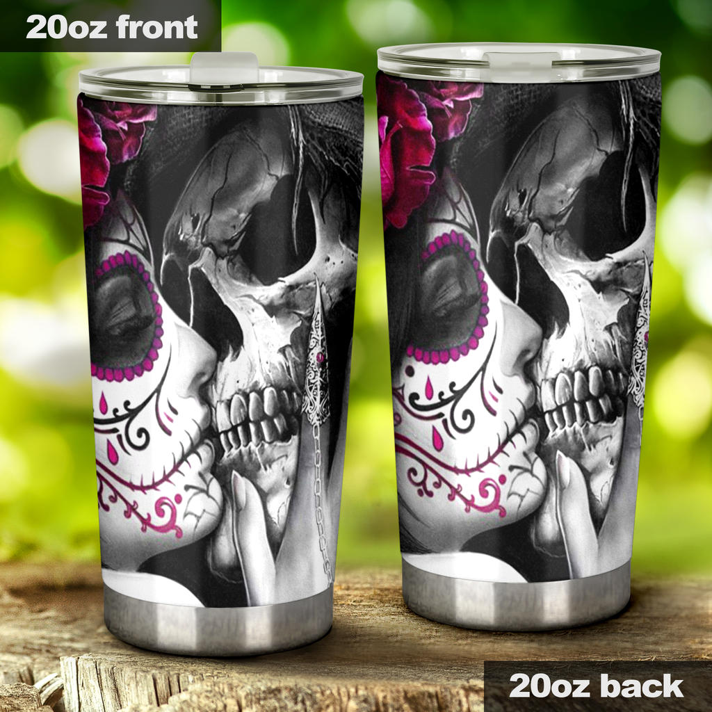 Sugar skull girl kiss grim reaper tumbler cup