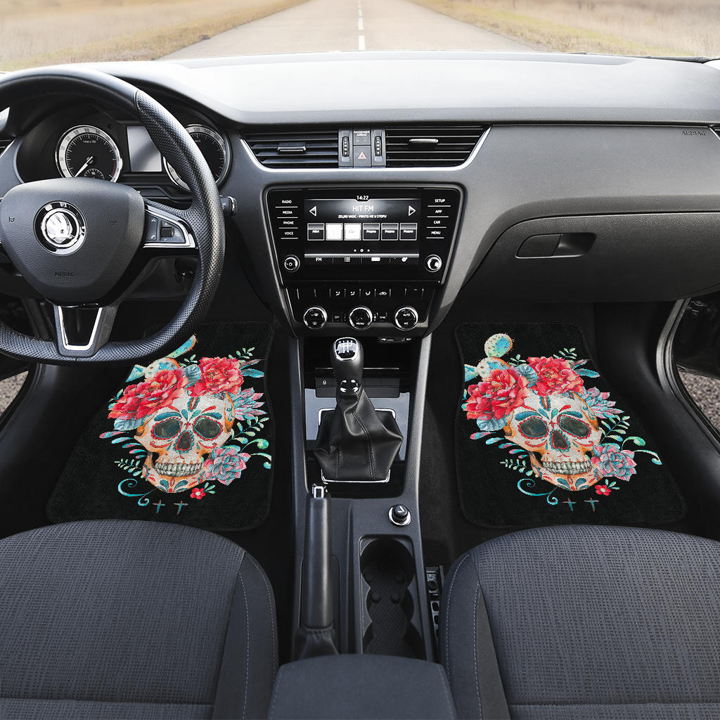 Set of 4 pcs floral sugar skull car mats