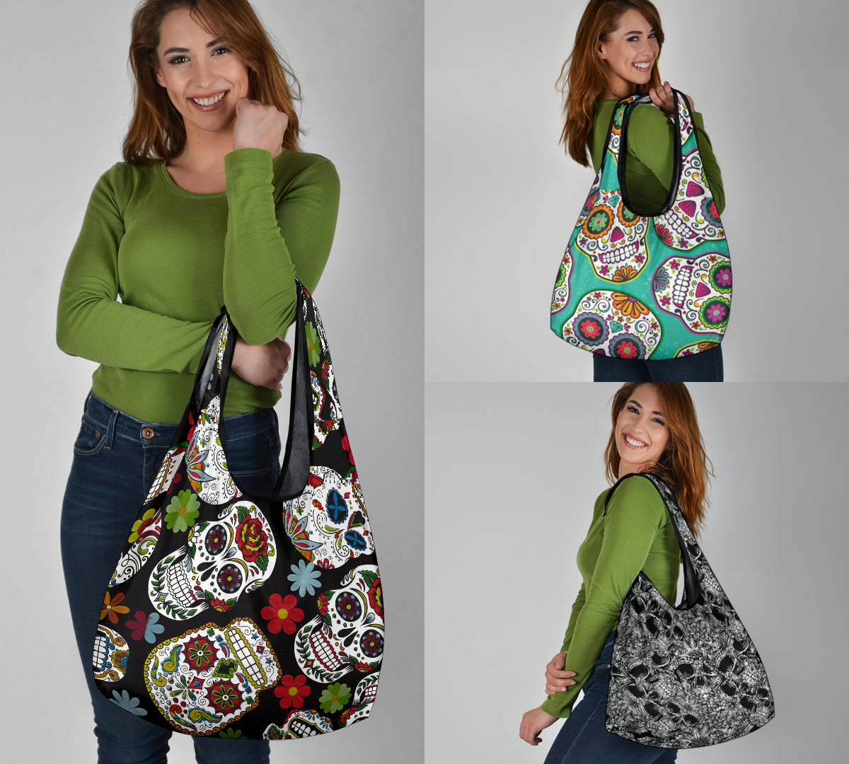 Set of 3 pcs Sugar skull grocery bags