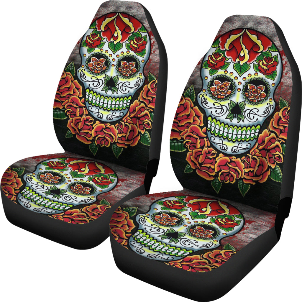 Set of 2 pcs floral sugar skull car seat covers