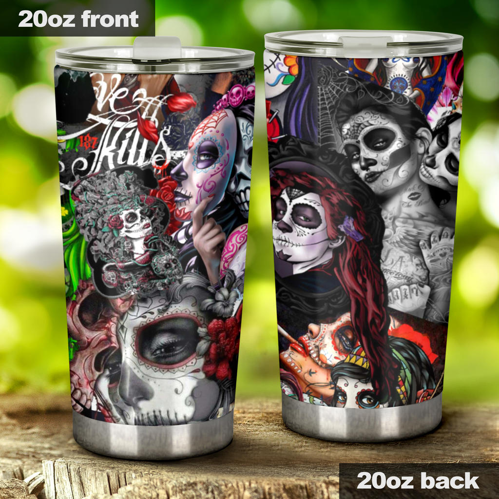 Sugar skull floral tumbler mug cup