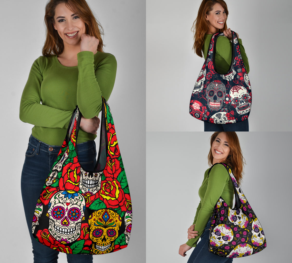 Set of 3 pcs Sugar skull grocery bags