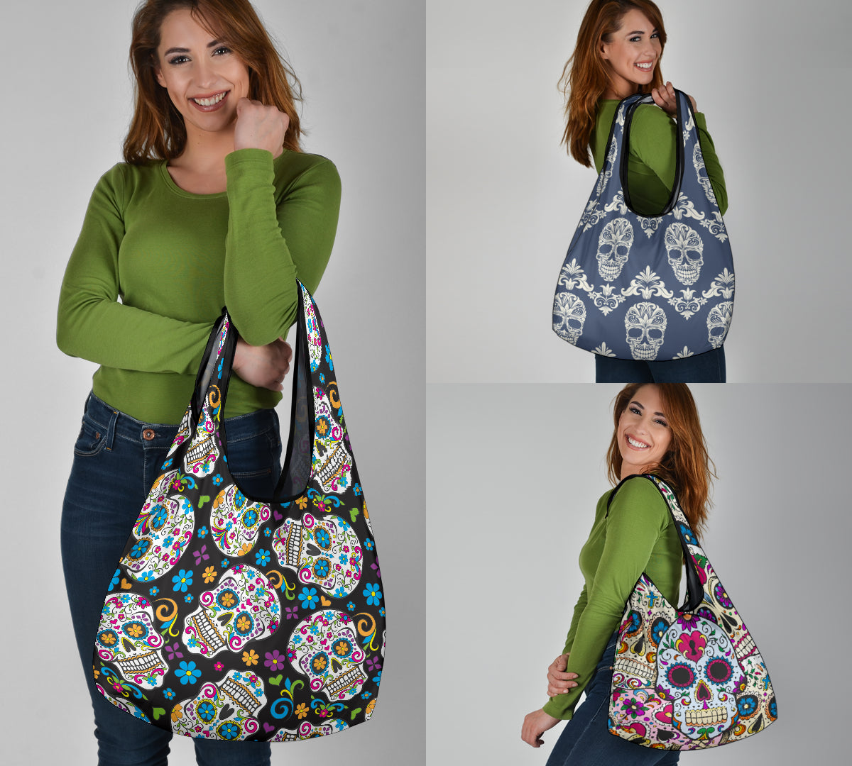 Set of 3 pcs Sugar skull grocery bags