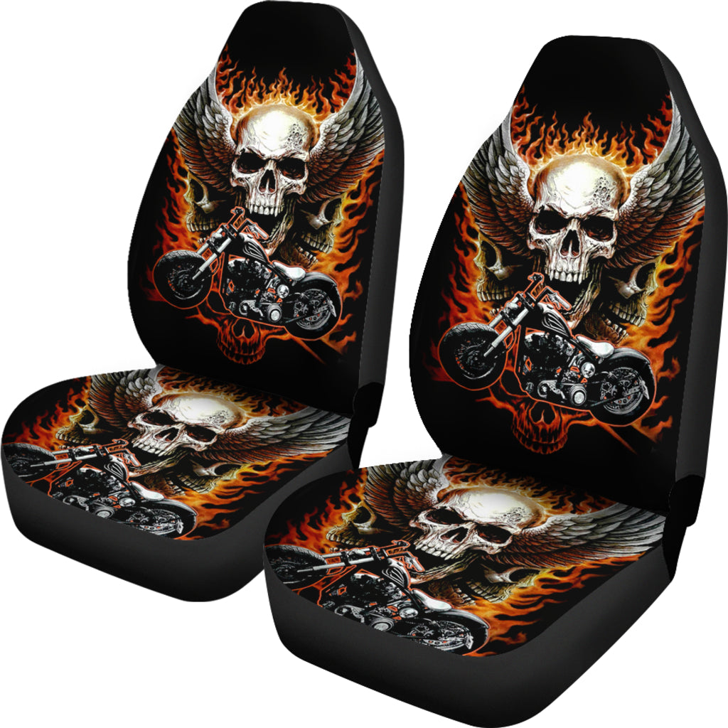 Set of 2 Fire wing skull car seat covers