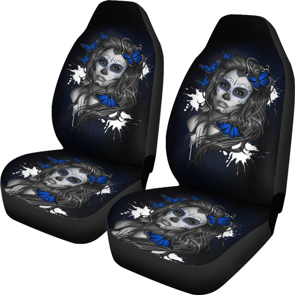 Set 2 seat cover sugar skulls beautiful girl car seat cover